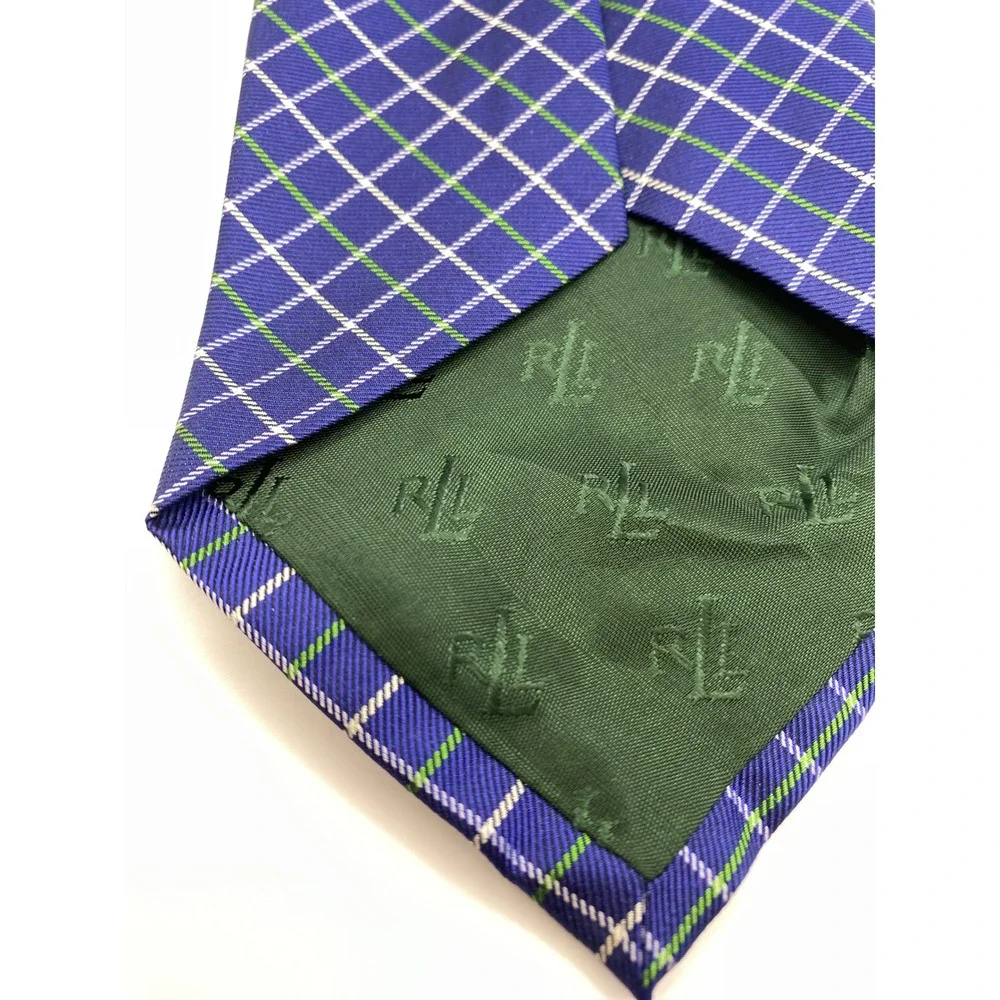 Ralph Lauren Men Blue Green White Plaid Silk Neck Tie Hand Finished Made USA New